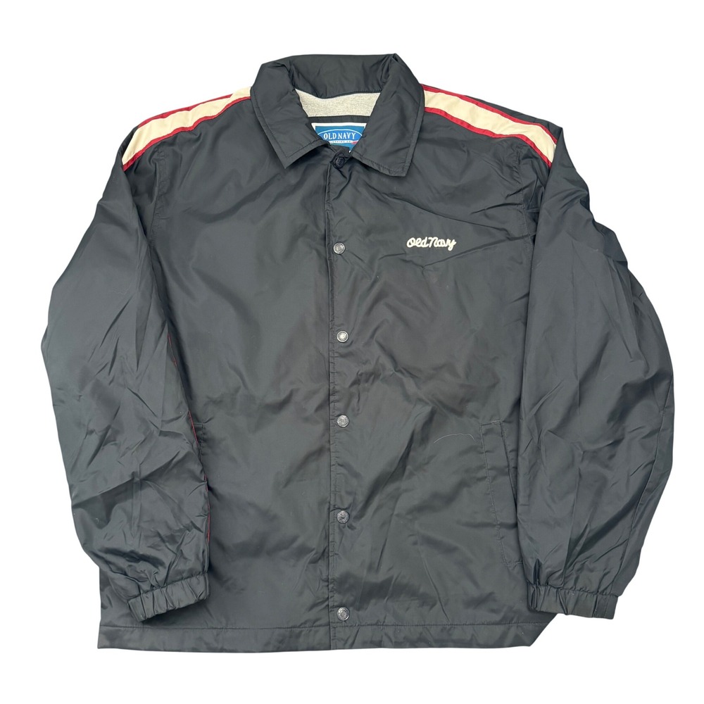 Old Navy Reissue Mens Medium Black Nylon Coach Jacket Snap Front Striped Sleeve